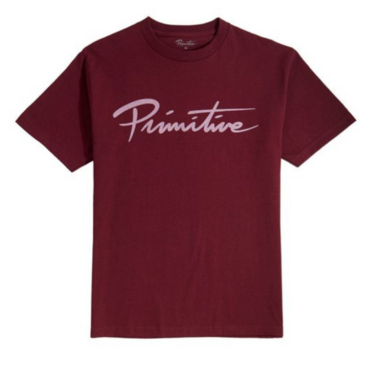 Primitive - Script Core T Shirt - Burgandy White Primitive Skateboards